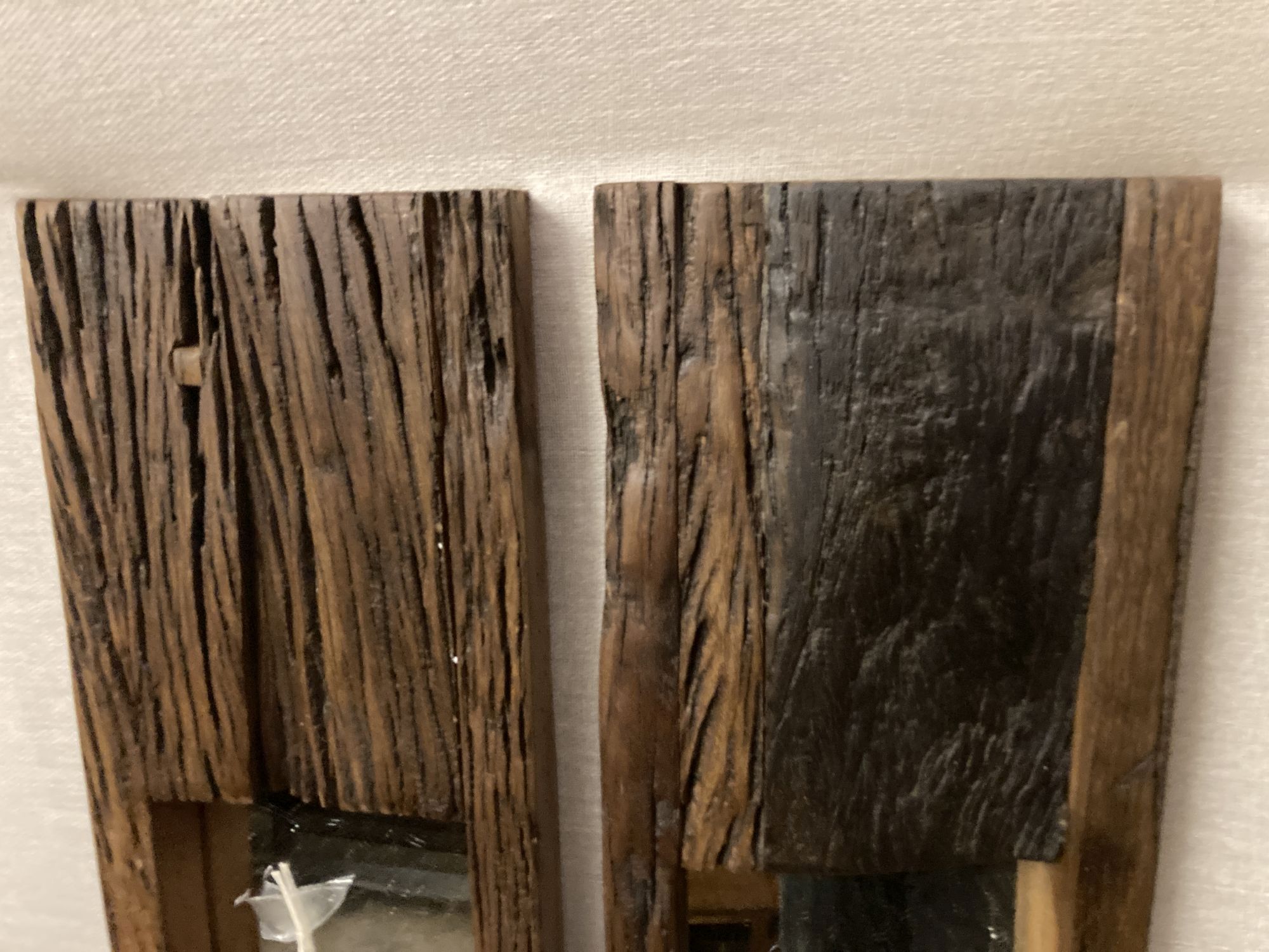 A pair of reclaimed wood rectangular wall mirrors, width 150cm height 25cm